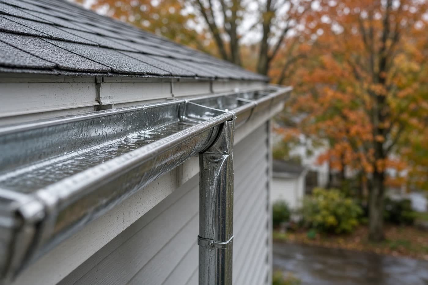 Clean rain gutter and downspout along a roofline
