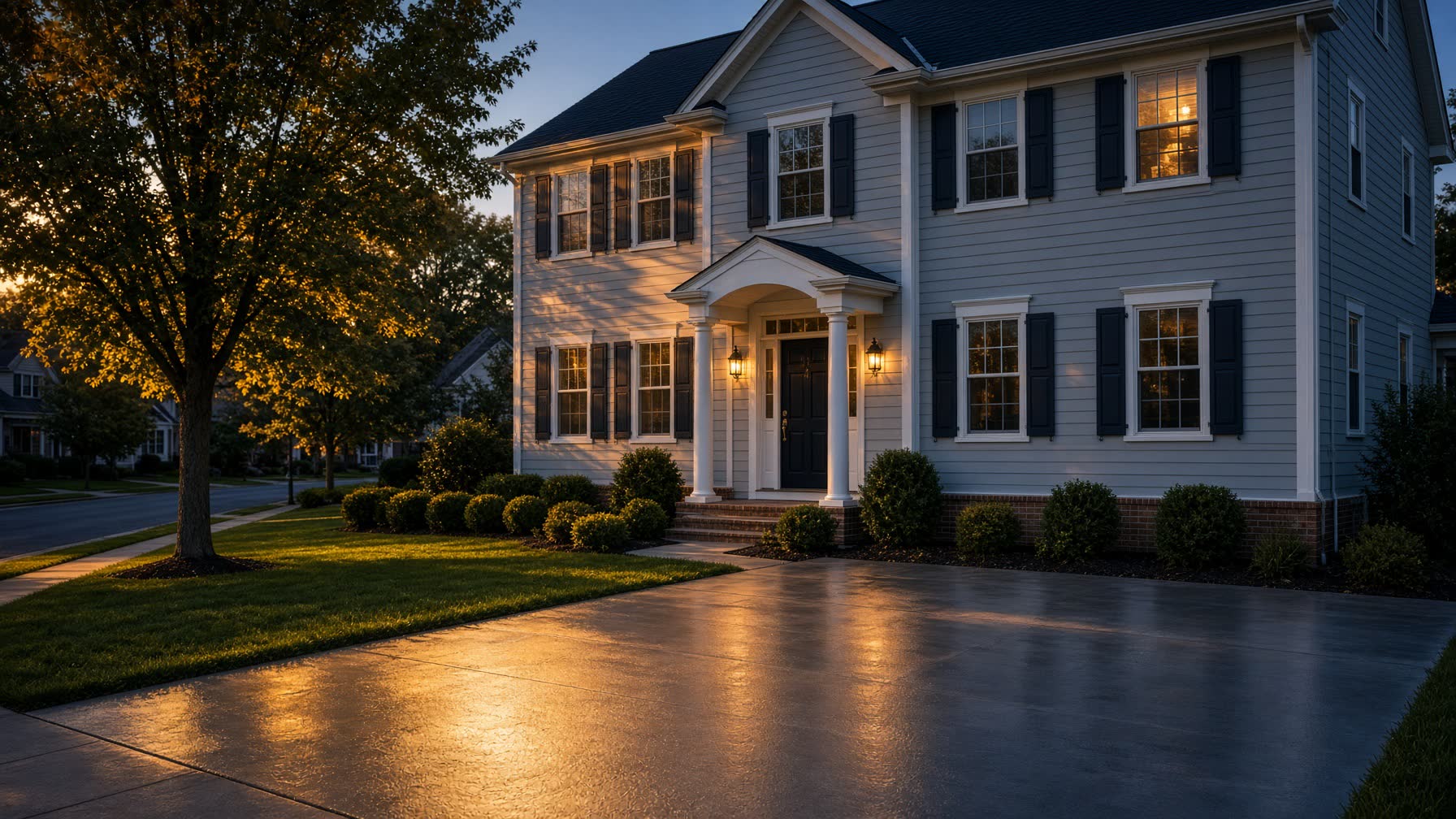 Freshly pressure-washed New Jersey colonial home at golden hour, driveway still damp