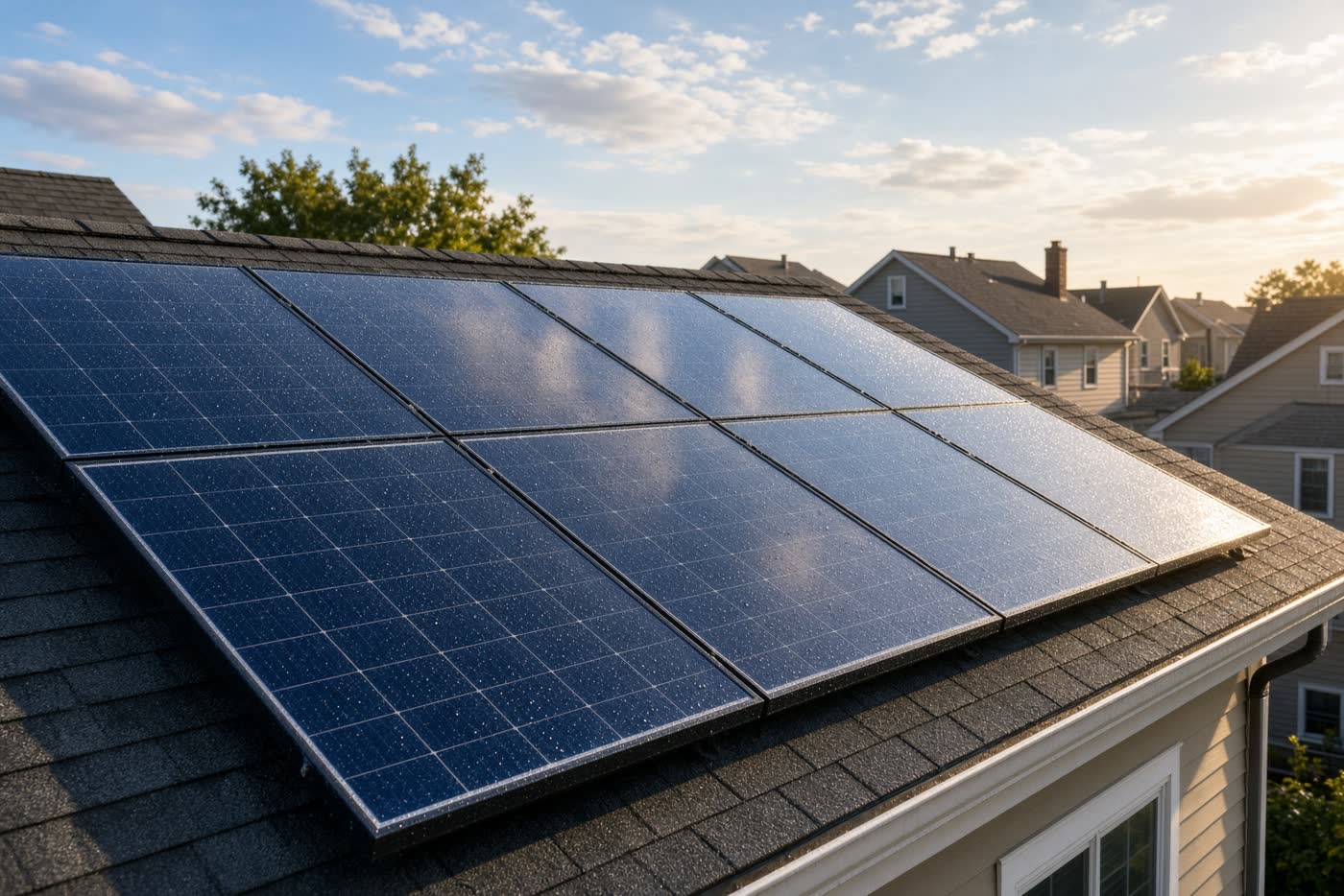 Rooftop solar panels with a clean water sheen